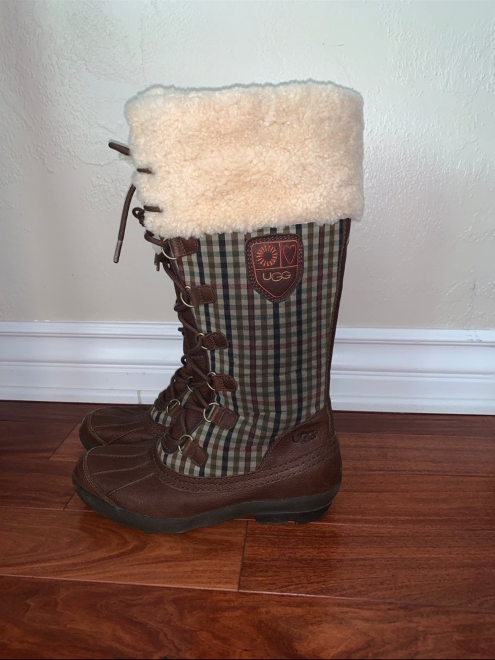 UGG Plaid Lace-Up Tall Boot with Shearling Cuff - Brown/Cream
